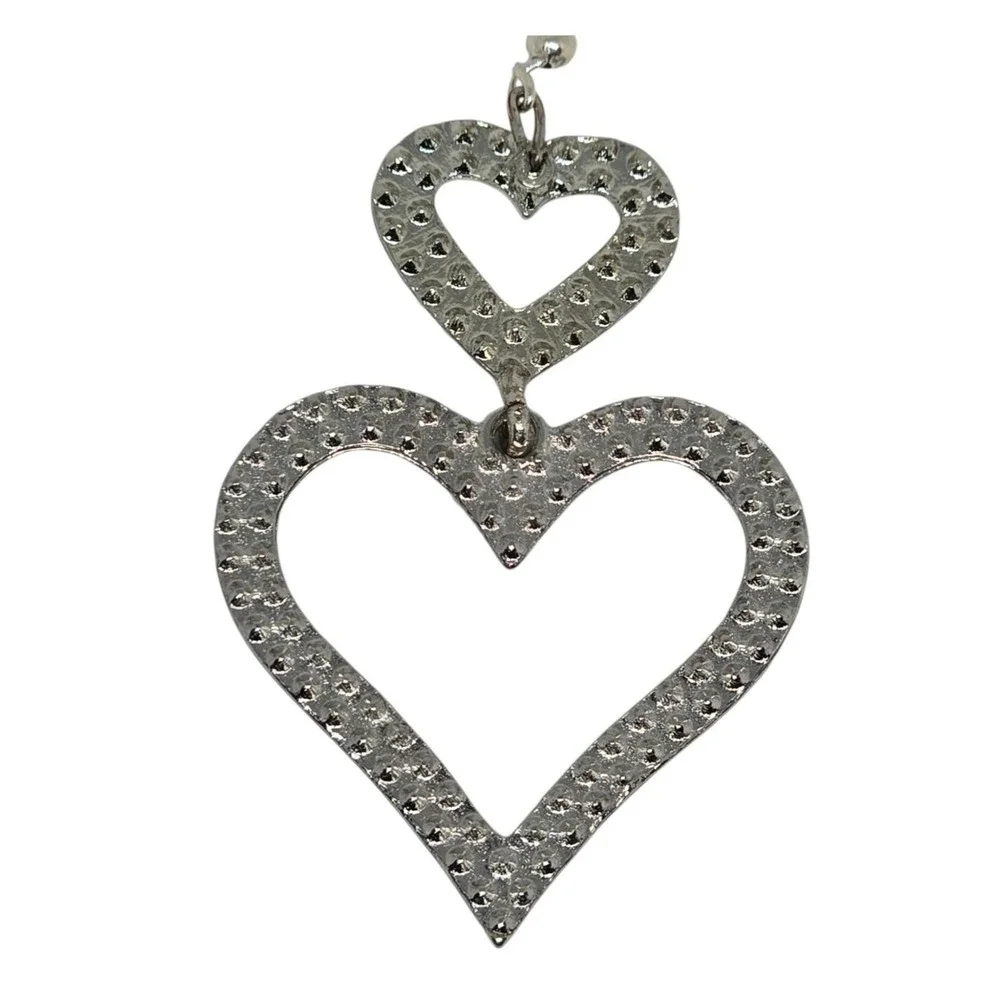 Sparkling Crystal Double Heart Drop Earrings Vintage Style Silver-Tone